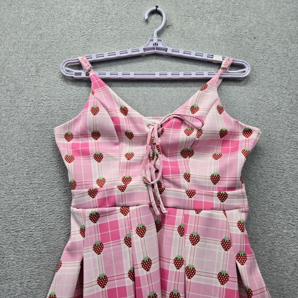 Hot Topic Women Dress L Pink Strawberry Plaid Lace Up Mini Fit & Flare V Neck - Picture 4 of 8